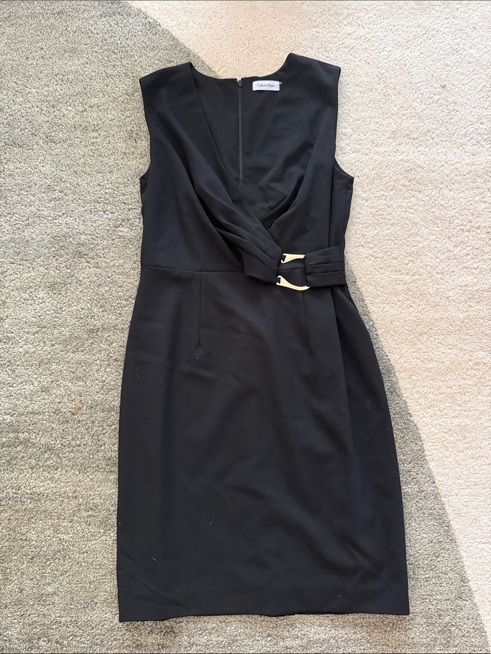 Calvin Klein Black Sleeveless Sheath Dress with Gold Buckle